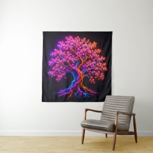 Tenture Arbre de Cerisier Fleurissant Néon Vibrant avec Ar