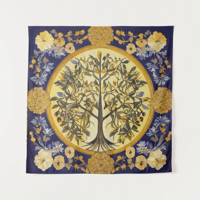 Tenture Arbre de vie par kedoki Broderie Blue Gold (Devant)