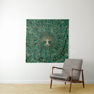 Tenture Arbre de vie - Yggdrasil et Futhark - Malachite