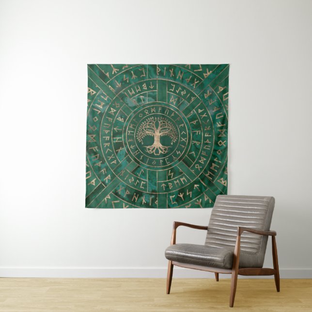 Tenture Arbre de vie - Yggdrasil et Futhark - Malachite (En situation)