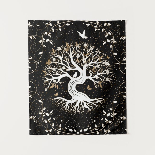 Tenture Arbre de vie - Yggdrasil - noir blanc et or (Devant)