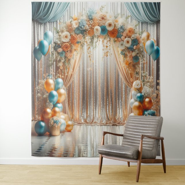 Tenture Arche de ballon Turquoise et orange (En situation)