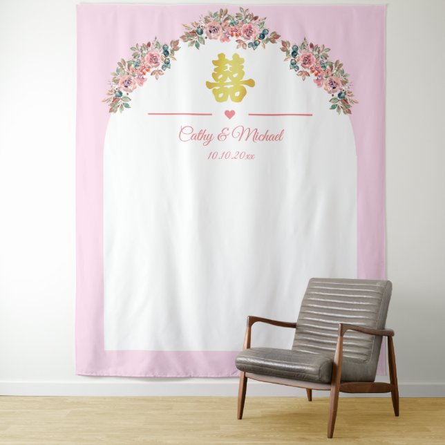 Tenture Arche fleurie rose blanc mariage chinois fond (En situation)