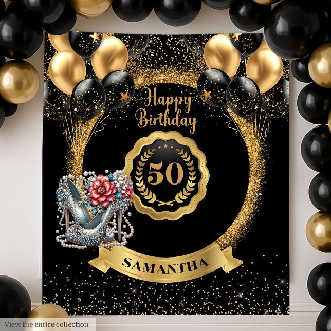 Tenture Argent noir brillant 50e anniversaire fond (Shiny Black Gold Silver 50th Birthday Backdrop)