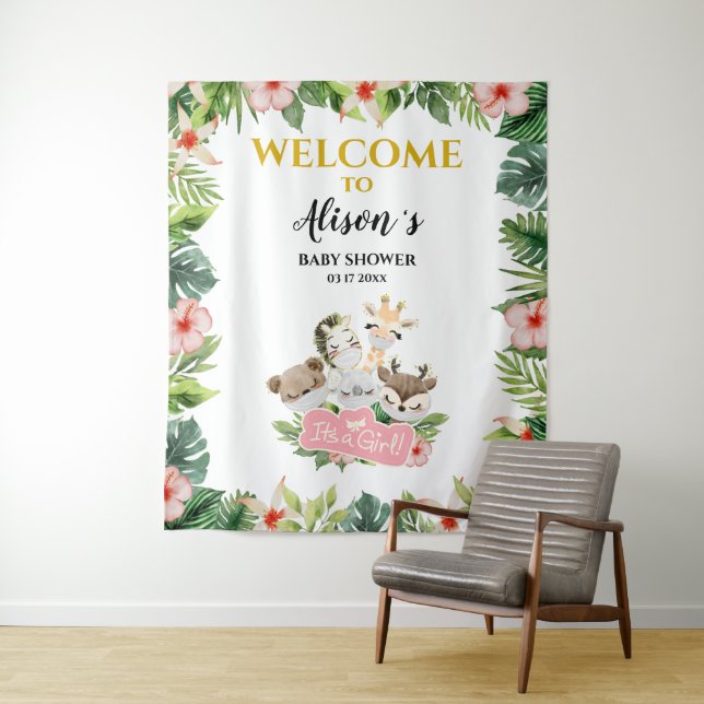 Tenture ARRIÈRE Baby shower fille | Gold Safari Friends (En situation)