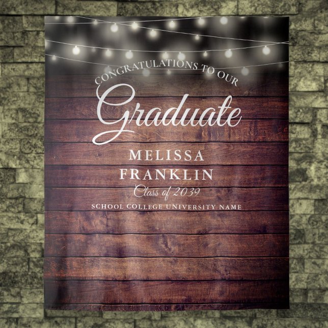 Tenture Arrière-plan de la partie de graduation de la chaî (Rustic String Lights Graduation Party Backdrop)