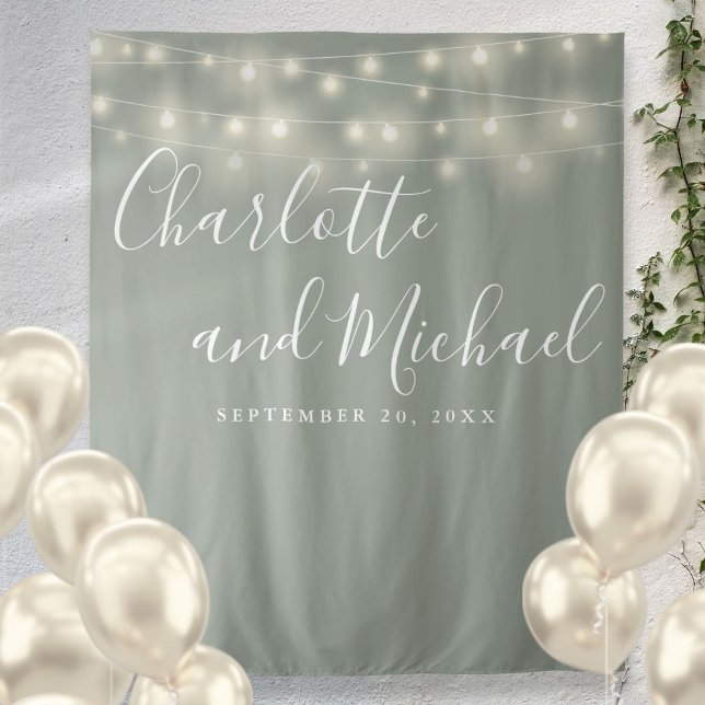Tenture Arrière-plan de la photo Mariage vert de la fenêtr (String Lights Sage Green Wedding Photo Backdrop)