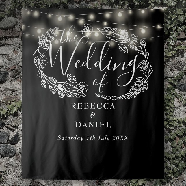 Tenture Arrière-plan Mariage à cordes noires et blanches (Black And White String Lights Wedding Backdrop)