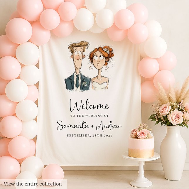 Tenture Arrière-plan Mariage de couple irky Bride couleur  (Quirky Couple Wedding Backdrop Watercolor Bride Groom)