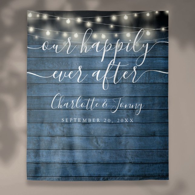 Tenture Arrière-plan photo Mariage à cordes bleu rustique (Blue Rustic String Lights Wedding Photo Backdrop)