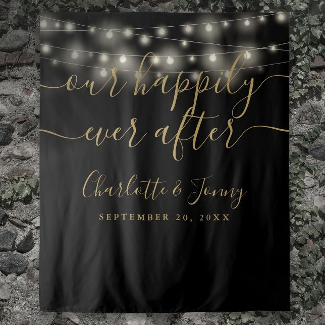 Tenture Arrière-plan photo Mariage d'or noir (String Lights Black Gold Wedding Photo Backdrop)