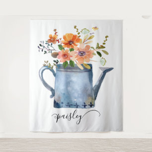 Tenture Arrosoir Fleurs Aquarelle Orange Bohème Rouillé