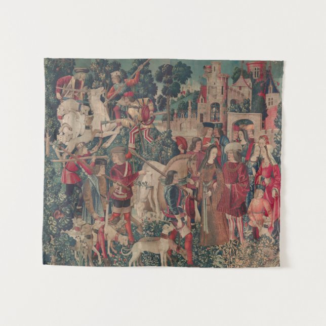 Tenture Art médiéval de Unicorne - Les chasseurs reviennen (Devant (Horizontal))