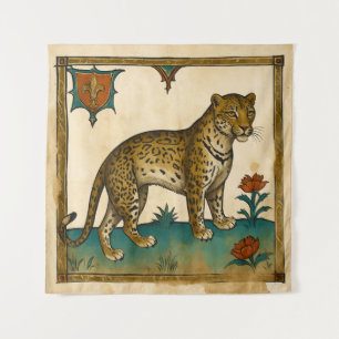 Tenture Art médiéval du léopard aux fleurs rouges