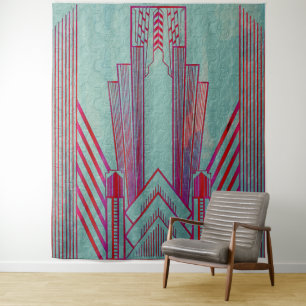 Tenture Art nouveau, rouge, turquoise, vert, vintage, art