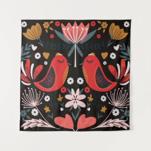 Tenture Art populaire scandinave : Oiseaux colorés.