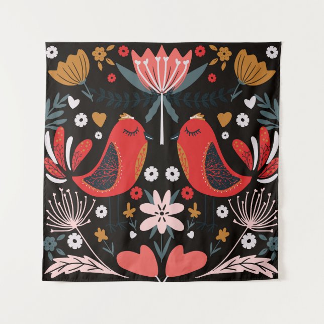 Tenture Art populaire scandinave : Oiseaux colorés. (Devant)