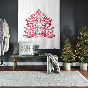 Tenture Art populaire scandinave rouge Arbre de Noël nordi