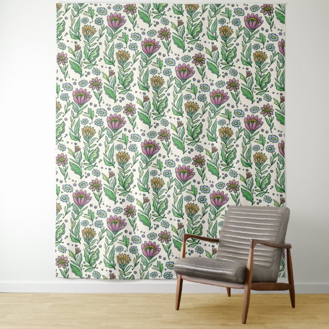 Tenture Artisan Scandinave Folksy Floral Fond photo (En situation)