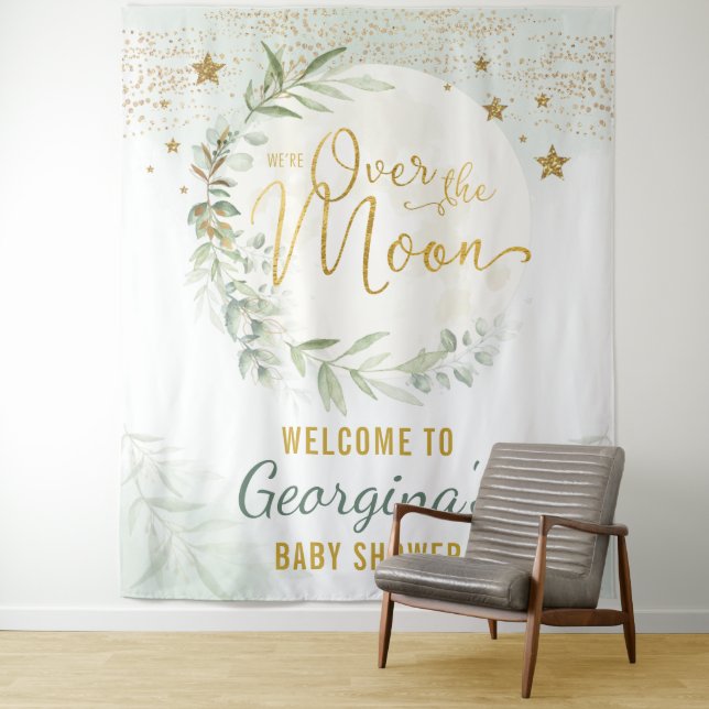 Tenture Au-dessus du Baby shower Lune Verdure Bienvenue or (En situation)