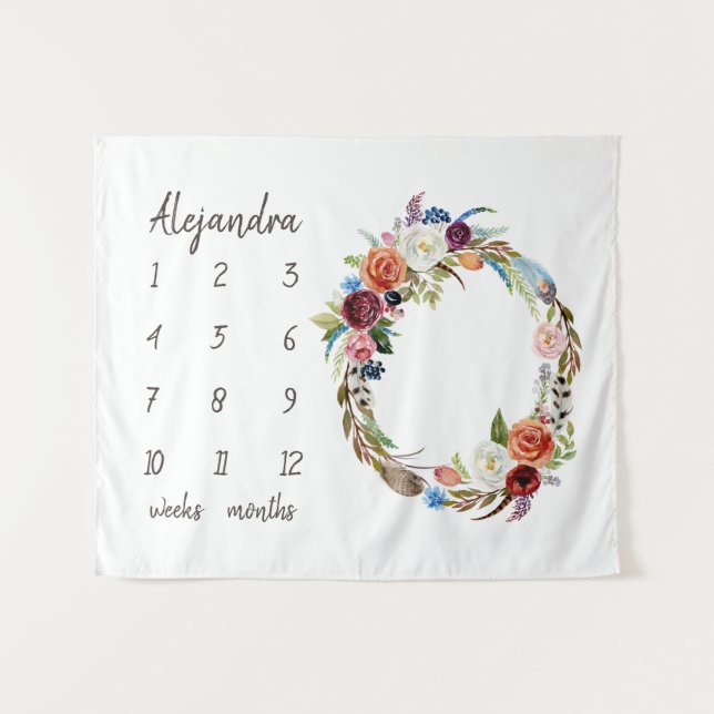 Tenture Automne Boho Blooms Monogramme Baby Milestone Phot (Devant (Horizontal))