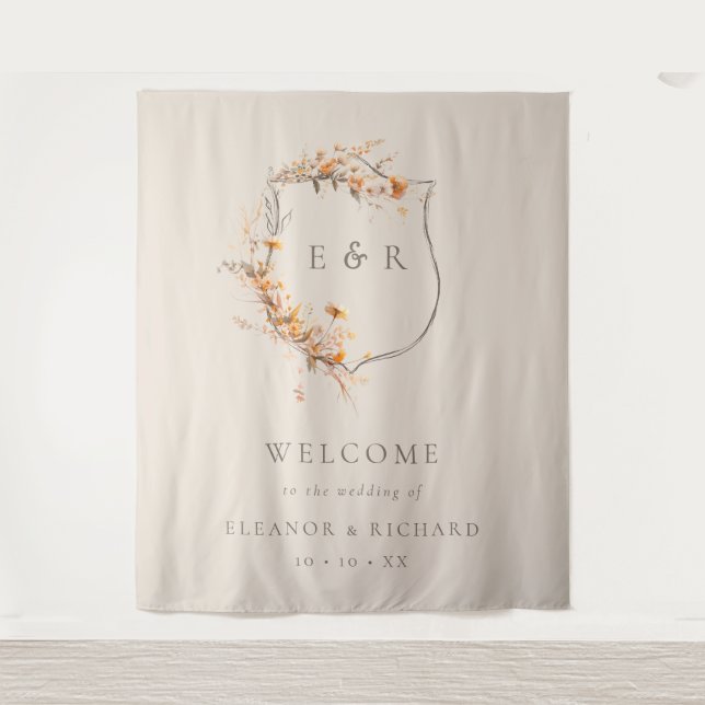 Tenture Automne Floral Crest Monogramme Mariage Bienvenue (Devant)