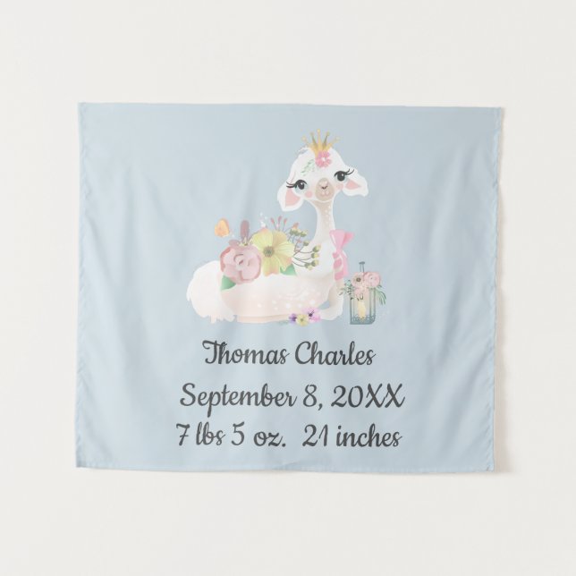 Tenture Baby Llama avec Fleurs Blanc et Bleu Baby Boy (Devant (Horizontal))