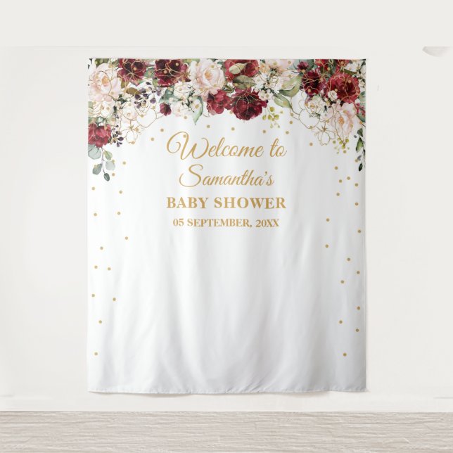 Tenture Baby shower cadre floral boho burgundy doré (Devant)