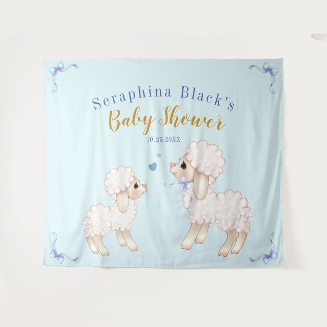 Tenture Baby shower d'agneau de garçon bleu doux fond (Devant (Horizontal))