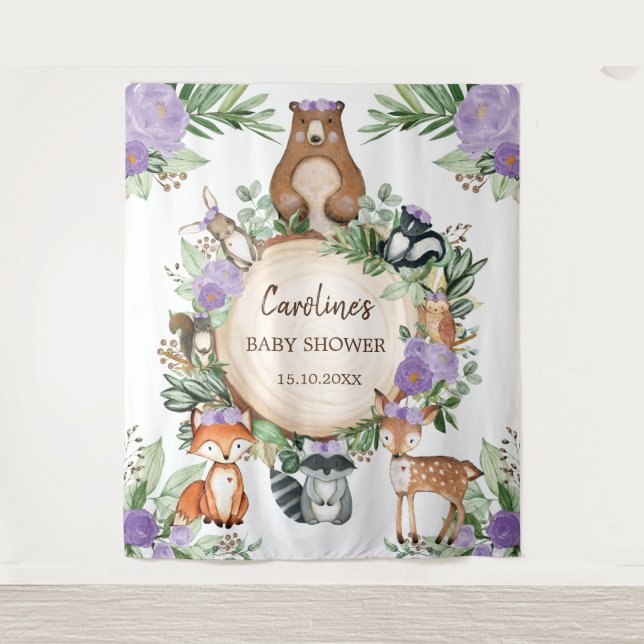 Tenture Baby shower d'animaux de bois floraux mauves Bienv (Devant)