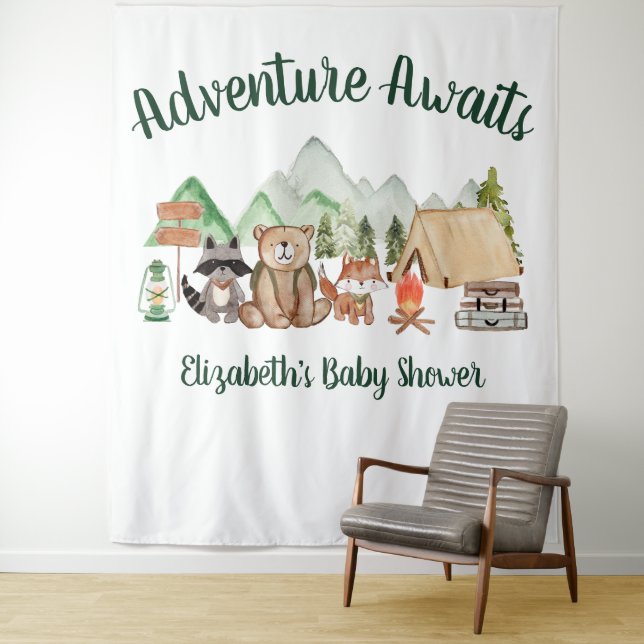 Tenture Baby shower d'animaux rustiques en bois (En situation)