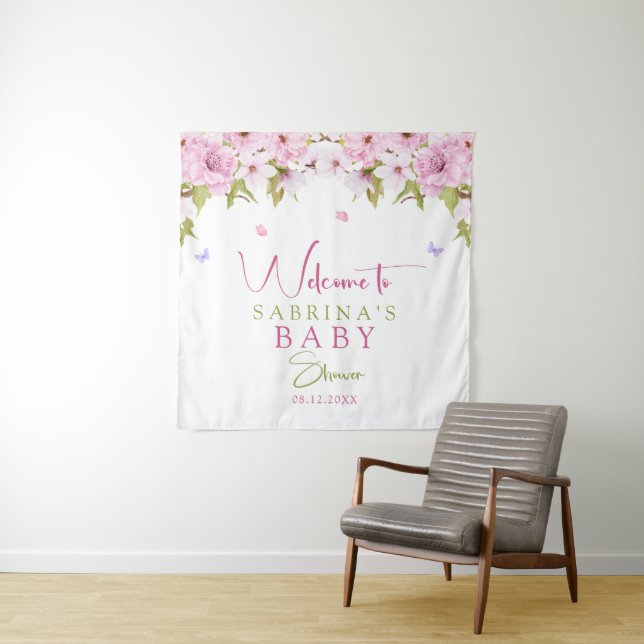 Tenture Baby shower de fleurs de cerisier d'aquarelle (En situation)