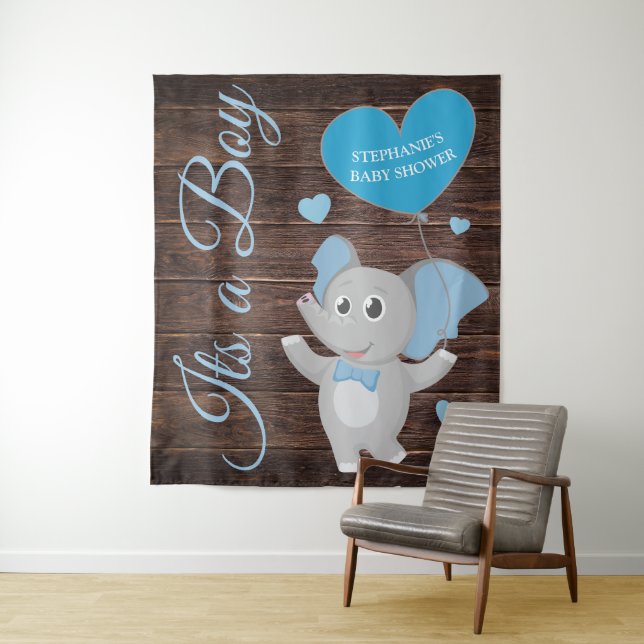 Tenture Baby shower d'éléphant bleu rustique (En situation)