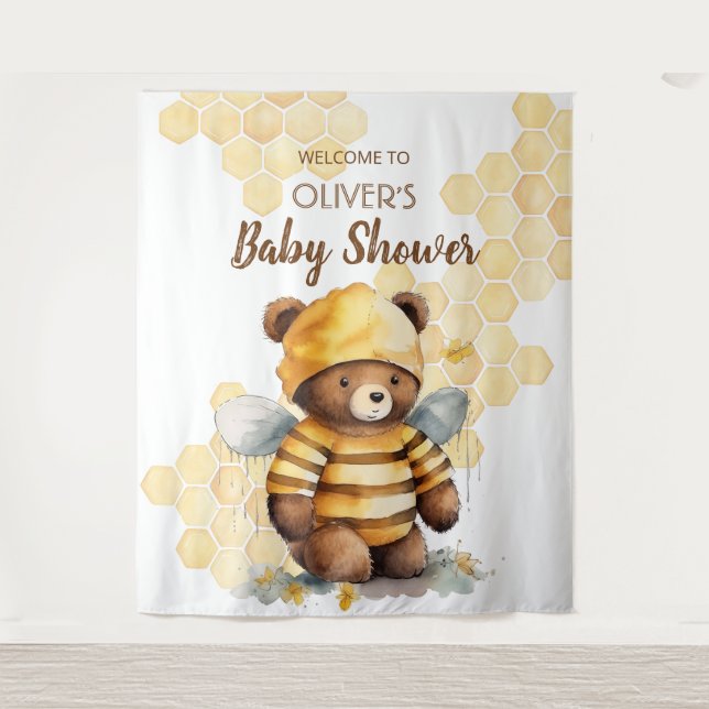 Tenture Baby shower d'ours en peluche miel et brun (Devant)