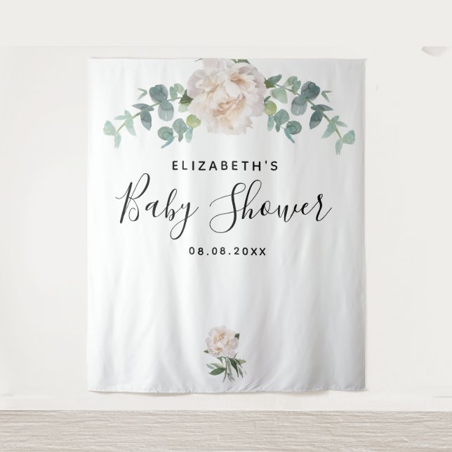 Tenture Baby Shower élégant eucalyptus verdure blanc (Devant)