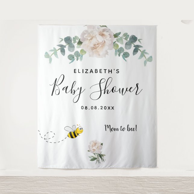 Tenture Baby shower eucalyptus blanc fleuri mère à abeille (Devant)