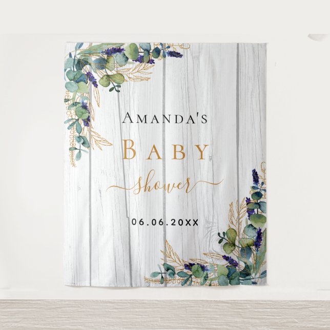 Tenture Baby Shower eucalyptus verdure bois blanc (Devant)