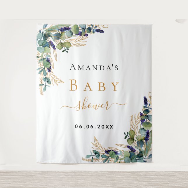 Tenture Baby Shower eucalyptus verdure monogramme or (Devant)