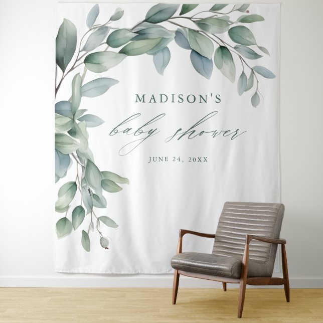 Tenture Baby shower Eucalyptus Verdure Script fond (En situation)