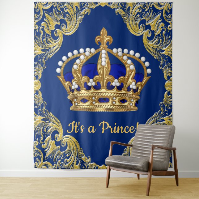 Tenture Baby Shower Extra Large Royal Blue et Or Prince (En situation)