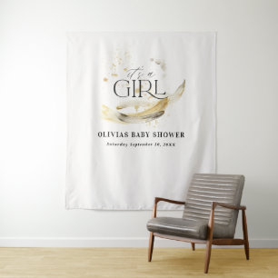 Tenture Baby shower fille aquarelle abstraite or naturel 