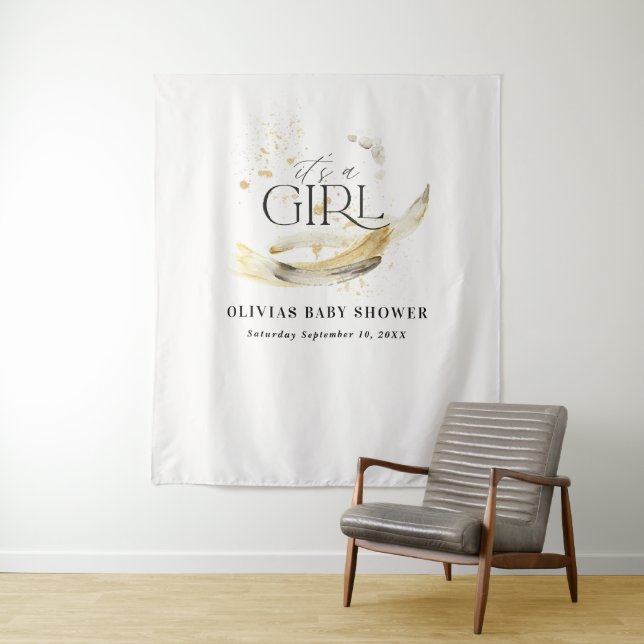 Tenture Baby shower fille aquarelle abstraite or naturel  (En situation)