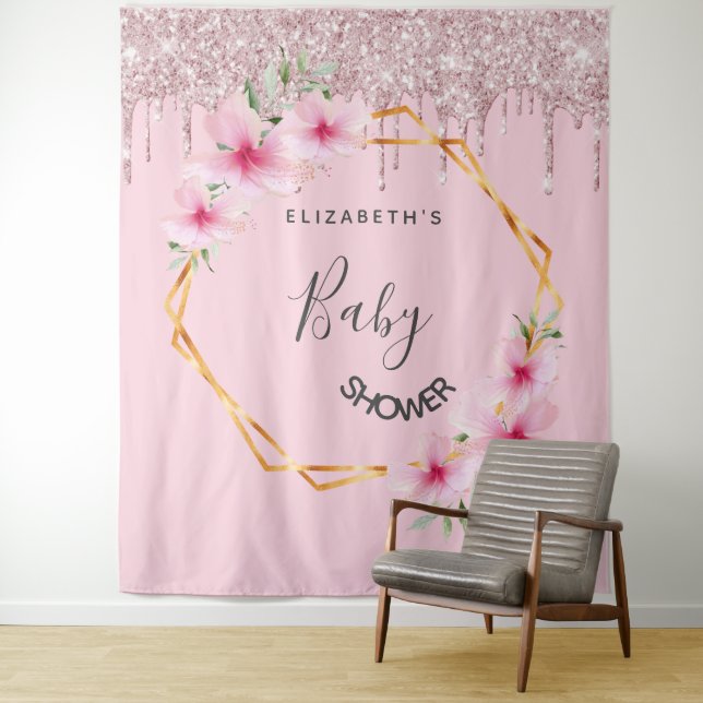 Tenture Baby Shower fleurs florales géométriques rose fill (En situation)