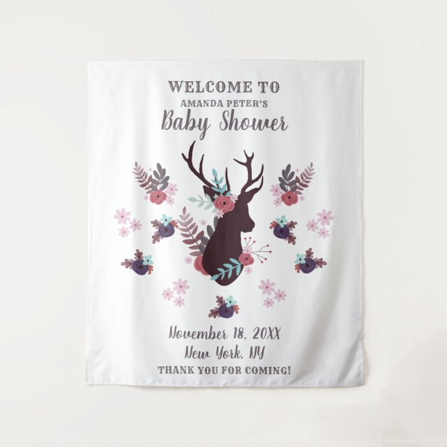 Tenture Baby shower floral de la tête de cerf rustique Mau (Devant)