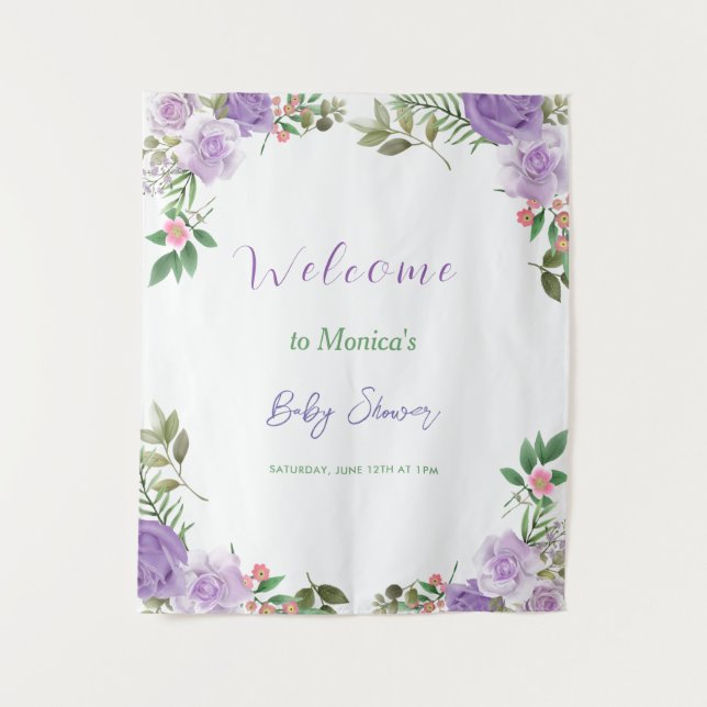 Tenture Baby shower floral de printemps pourpre (Devant)