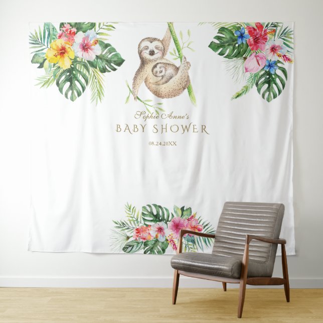 Tenture Baby shower floral SlothTropical Prop (En situation (horizontale))