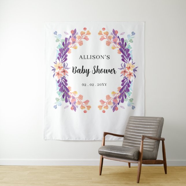 Tenture Baby shower floral violet rustique (En situation)