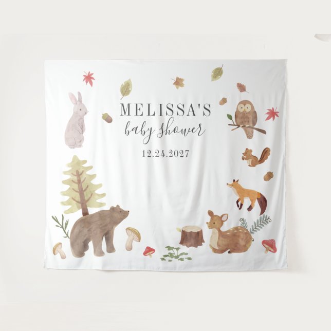 Tenture Baby Shower Forêt Rustique de Bois Animaux Mignons (Devant (Horizontal))