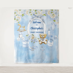 Tenture Baby shower garçon Fleurs bleues Teddy Bear fond