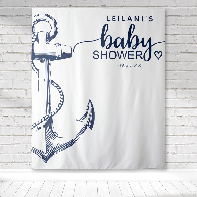 Tenture Baby Shower Marin à l'ancre Blanc (Nautical anchor baby shower on a white backdrop with navy blue anchor and typography.)